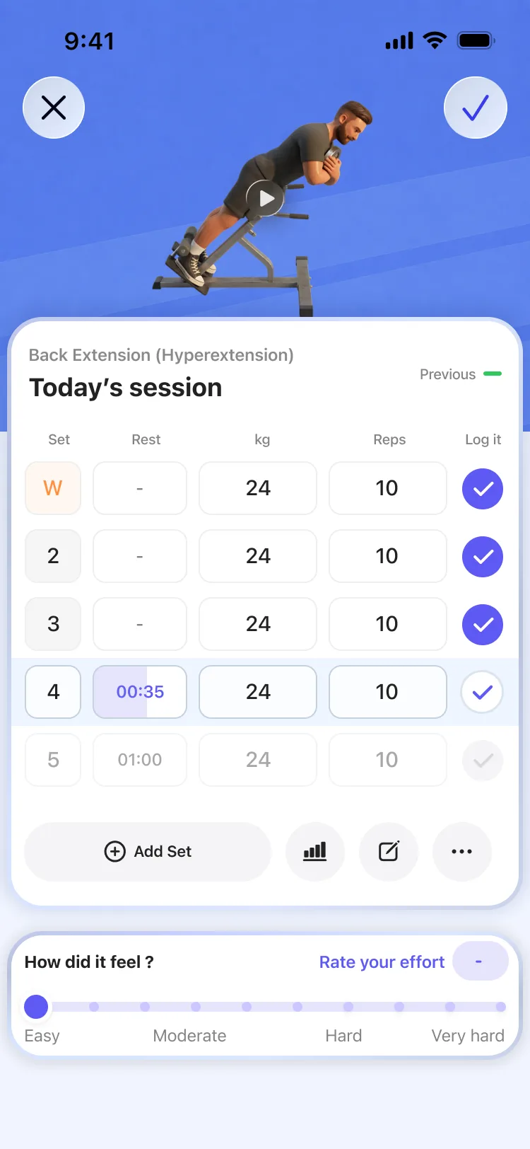 Exercise logging screen for recording sets, weight, reps, rest, and perceived effort.