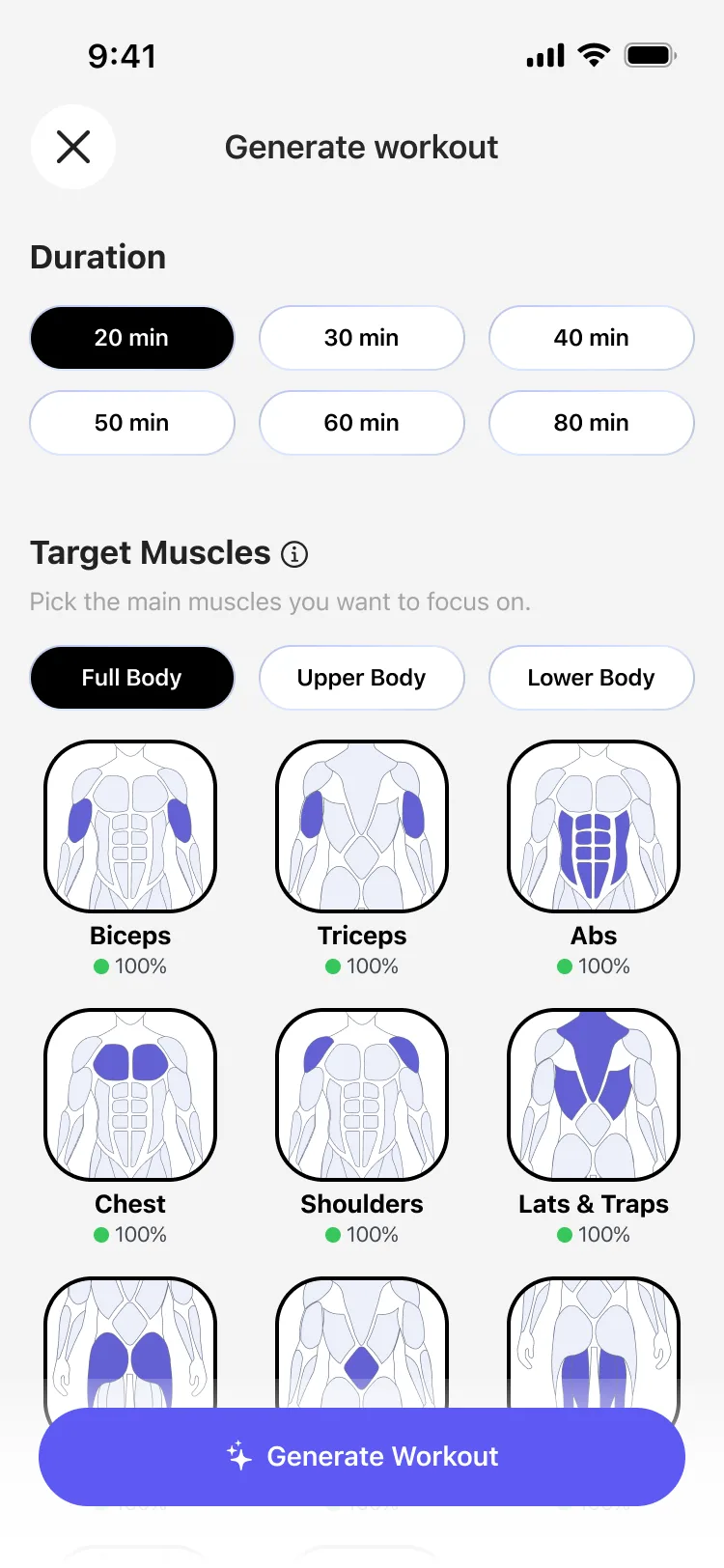 Generate Workout screen with duration, target muscles, intensity, equipment, and a Generate control.