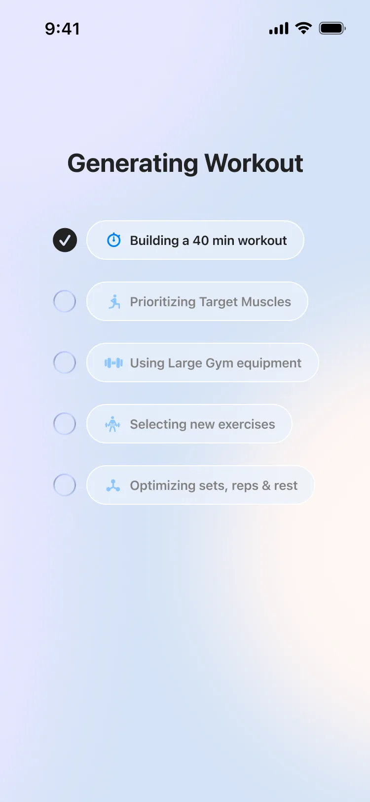 Yoke generating a workout from the chosen duration, muscles, equipment, and exercise variety.