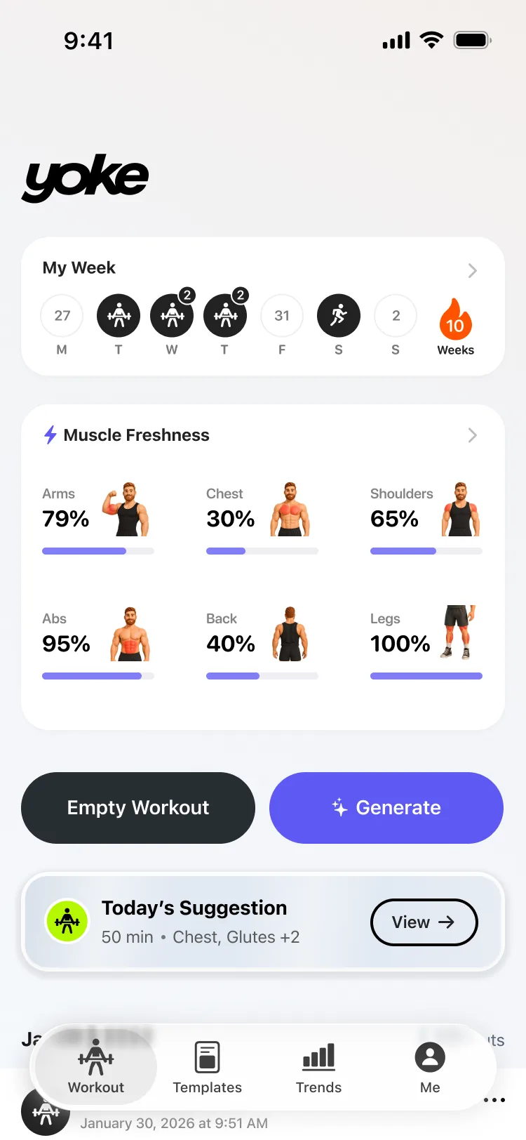 Yoke home screen showing My Week, Muscle Freshness, workout actions, and today’s suggestion.