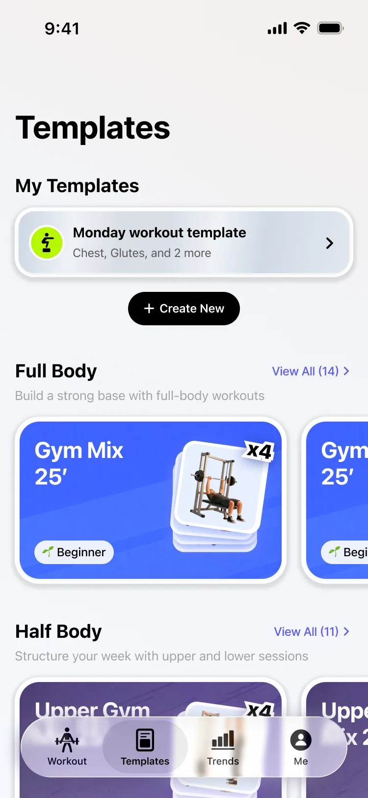 Yoke Templates screen with saved workout templates ready to start or reuse.