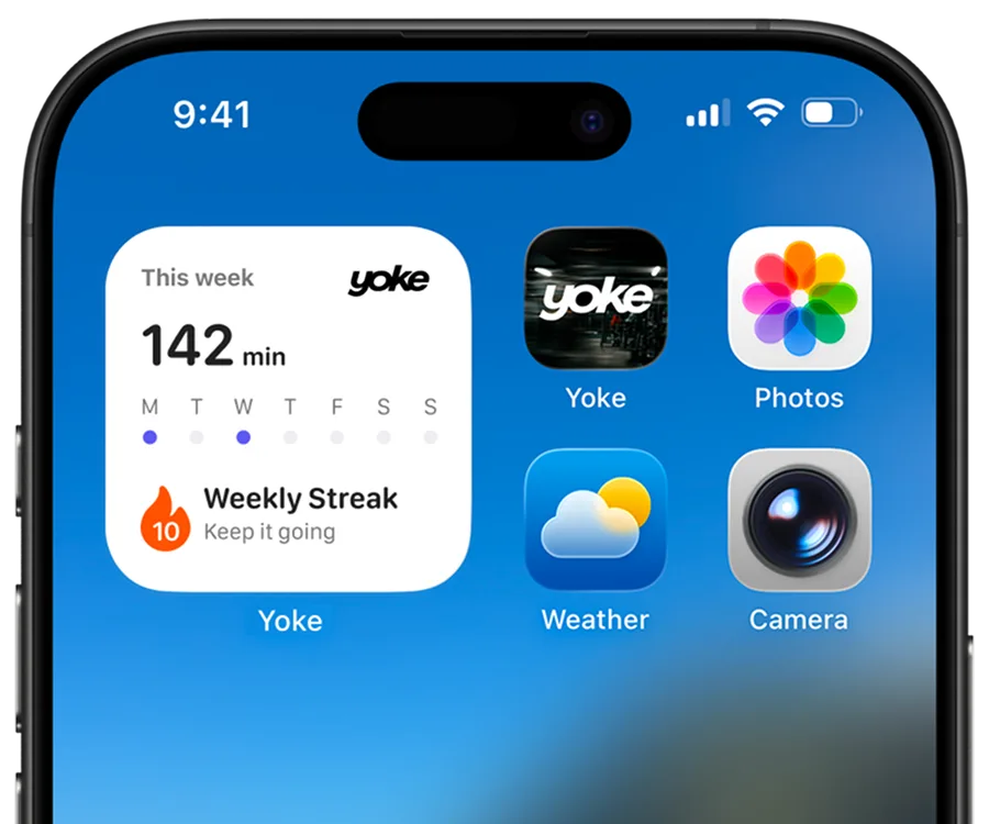Yoke Weekly Progress widget on an iPhone Home Screen, with weekly minutes, training days, streak, and the Yoke app icon.