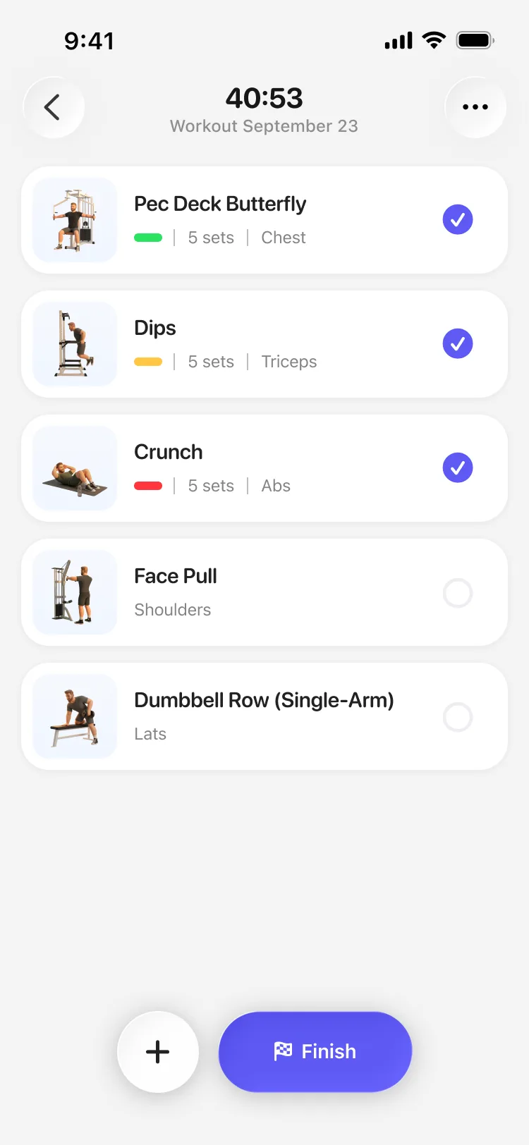 Active Yoke workout showing exercises, completed sets, and a Finish button.